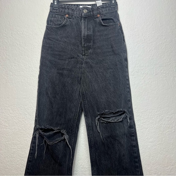 Zara High Waisted Distressed Ripped Knee Wide Leg Full Length Jeans In Black - Picture 4 of 11